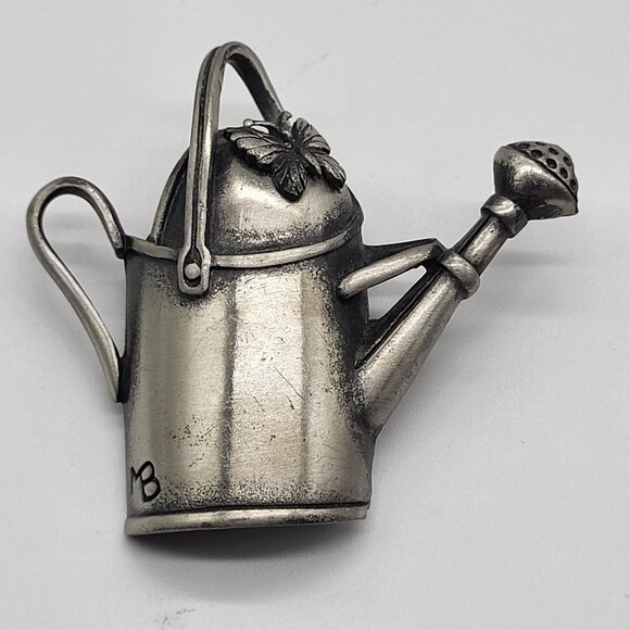 Marjolein Bastin Jewelry - VTG Marjolein BASTIN Brooch Pin Watering Can w/ Butterfly Garden Country Pewter